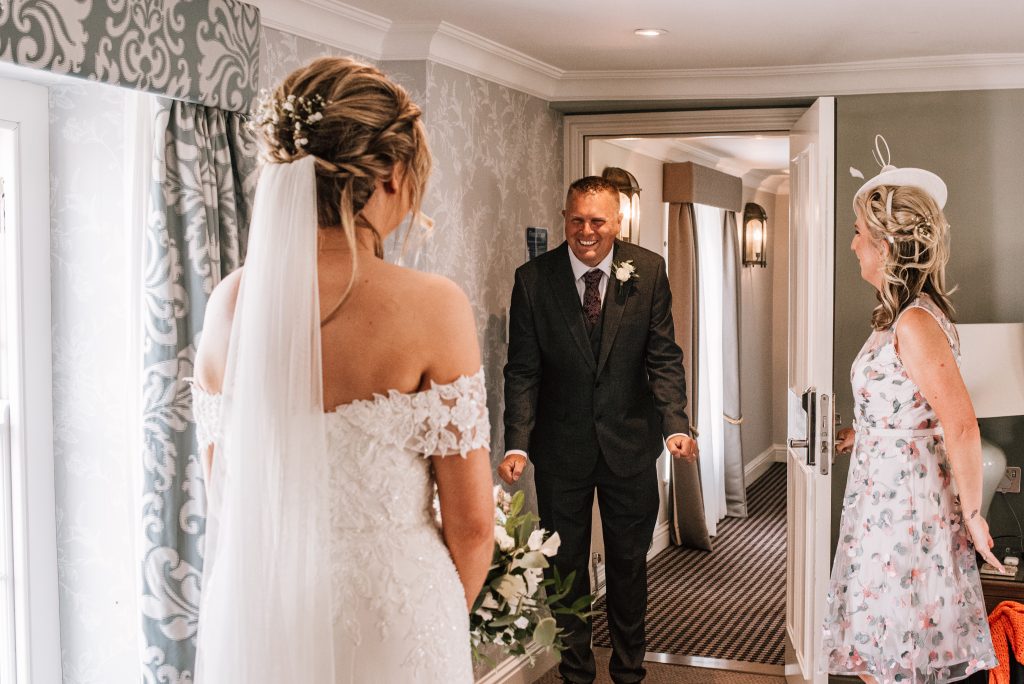First look with bride at Tewkesbury Park Hotel