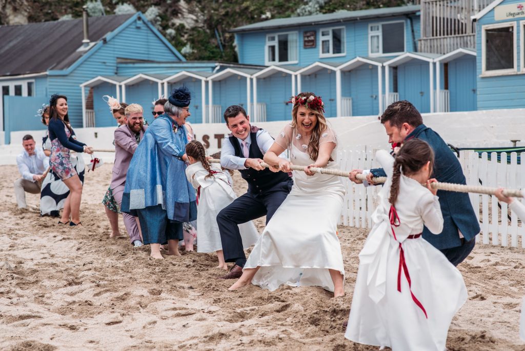 tug of war at Lusty Glaze wedding