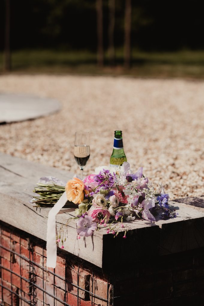 Close-up of wedding flowers at barn wedding in the Cotswolds